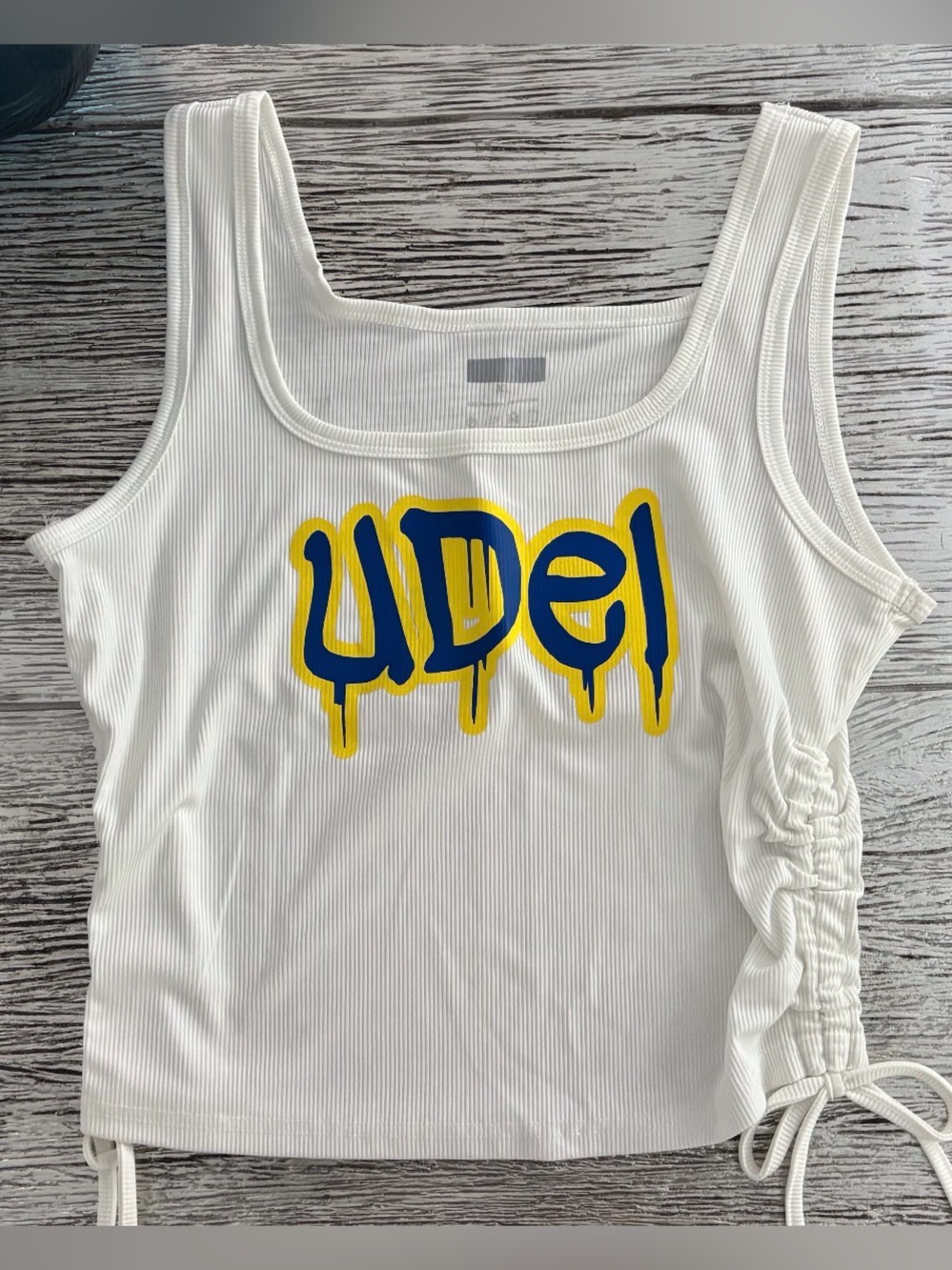 White Ribbed Tank with Blue and Yellow Graphic